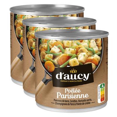 D'aucy Poêlée Parisienne- Pommes de Terre, Carottes, Haricots Verts, Champingons de Paris en conserve, Lot de 3x290g