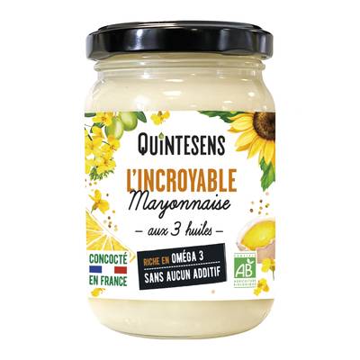 Quintesens L'incroyable Mayonnaise bio aux 3 huiles en bocal, 180g
