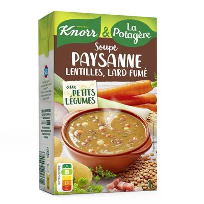 Knorr & La Potagère Soupe Paysanne- Lentilles, Lard fumé aux petits légumes Soupe liquide en brique familiale, 1L