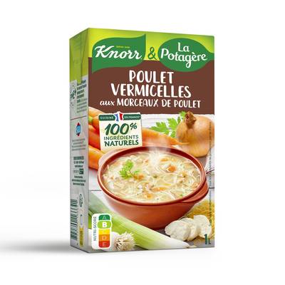 Knorr & La Potagère Poule Vermicelles aux petits légumes et morceaux de volaille Soupe liquide en brique familiale, 1L