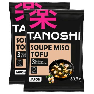 Tanoshi - Japon Soupe Miso au tofu Instantanée en sachet pour 3, Lot de 2x60,9g