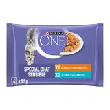 Purina - One Sachets en sauce Effilés Thon, Poulet et Carottes spécial chat sensible pour chat adulte, 4x85g
