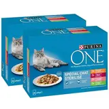 Purina - One Sachets en sauce Effilés Bœuf, Poulet, Saumon et Dinde pour chat stérilisé, Lot de 2 - 8x85g