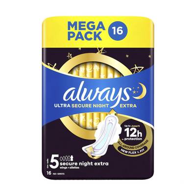 Always Serviettes hygiéniques Secure Night Extra (T5) Avec Ailettes, 16 serviettes