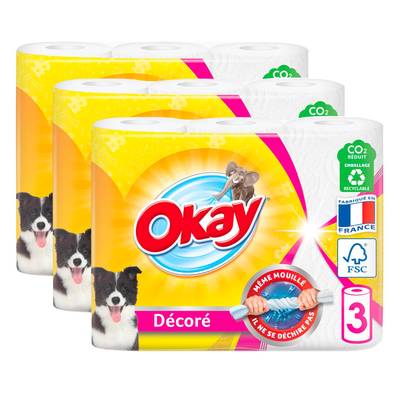 Okay Essuie-tout décoré, Lot de 3x3 rouleaux
