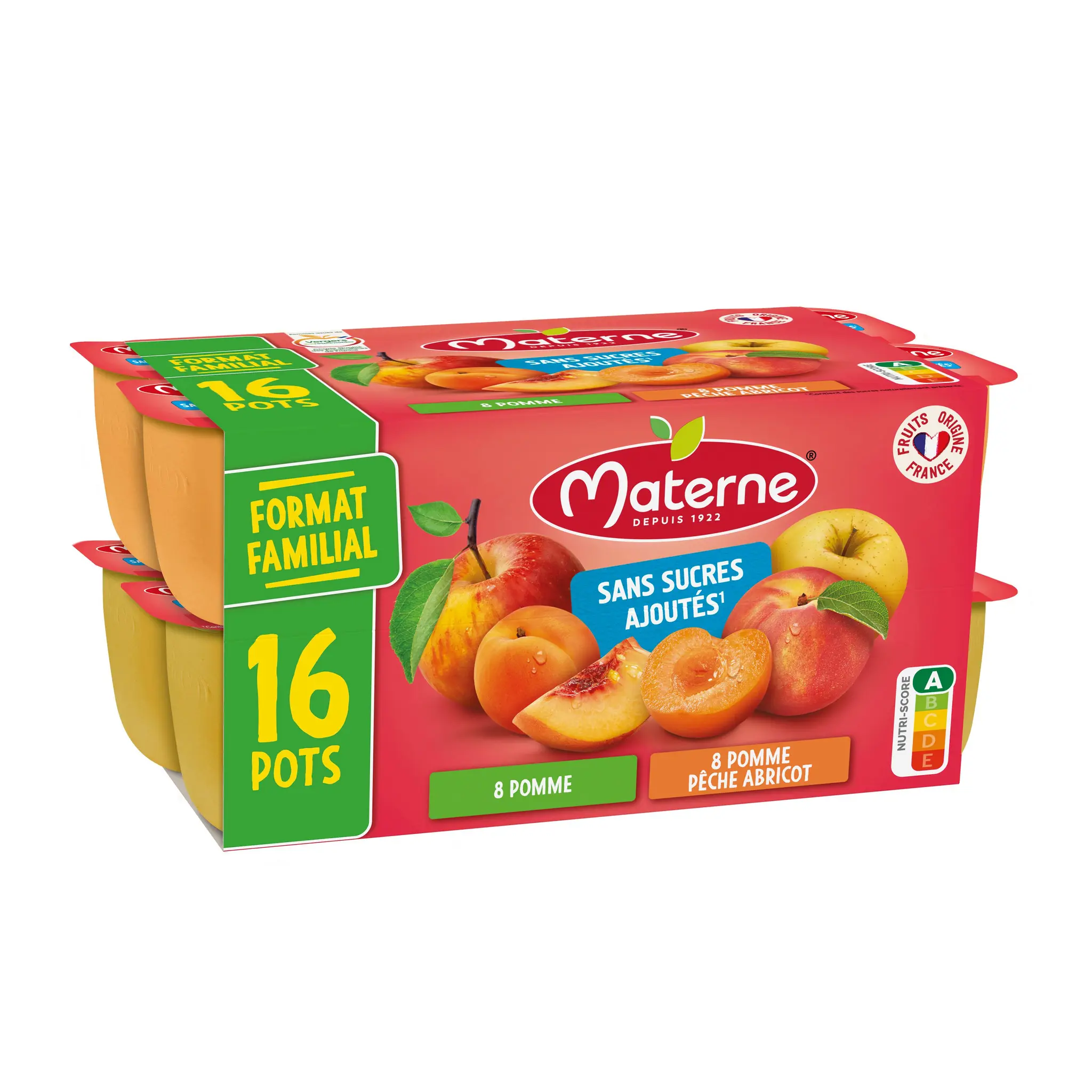 MATERNE Coupelles dessert compote pomme pêche abricot sans sucres ajoutés