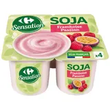 Yaourt soja français, aromatisée à la framboise et au jus de fruit de la passion CARREFOUR SENSATION