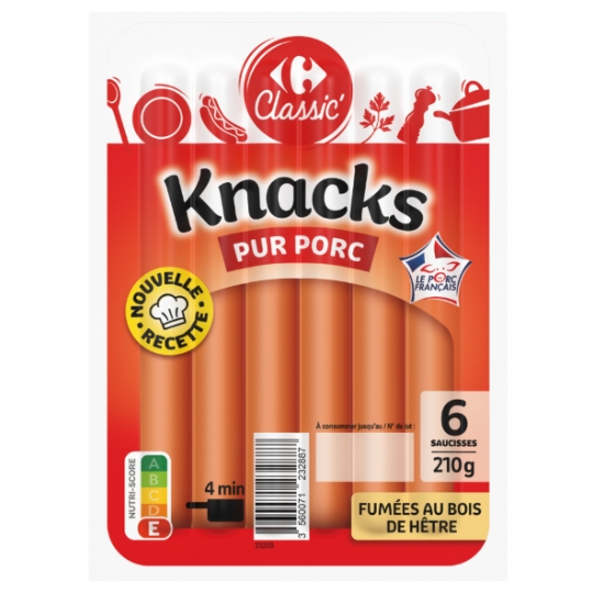 Saucisses pur porc et fumées au bois de hêtre CARREFOUR CLASSIC'