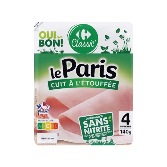 Jambon de Paris cuit à l'étouffée sans nitrite CARREFOUR CLASSIC'