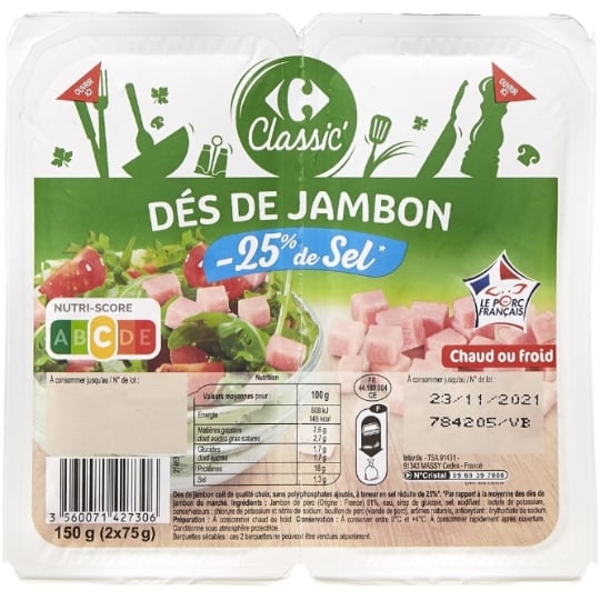 Dés de jambon sel réduit CARREFOUR CLASSIC'