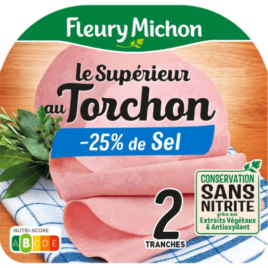 Jambon le Torchon cuit à l'étouffée réduit en sel conservation sans nitrite FLEURY MICHON