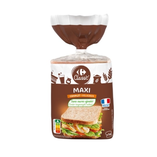 Pain de Mie Complet Maxi Sans Sucres Ajoutés CARREFOUR CLASSIC'