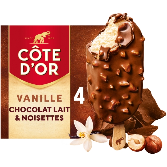 Glaces Bâtonnets Vanille Chocolat Lait et Noisette COTE D'OR