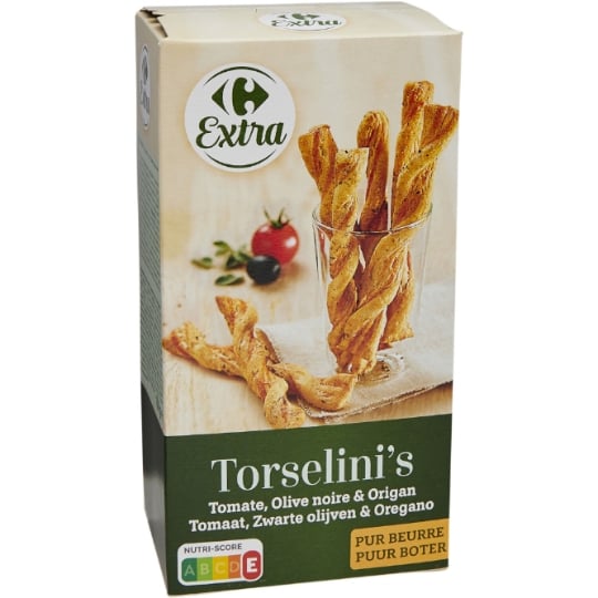 Biscuits Apéritifs Torsades Feuilletées Tomate Olive et Origan CARREFOUR EXTRA