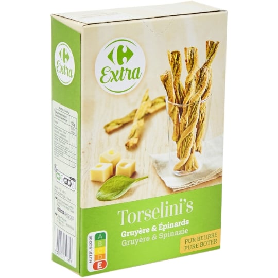Biscuits Apéritifs Torsades Feuilletées Gruyère et Epinard CARREFOUR EXTRA