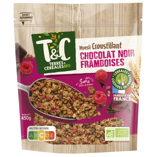Muesli Croustillant Chocolat Noir et Framboises Sans Huile de Palme Bio TERRES & CEREALES BIO