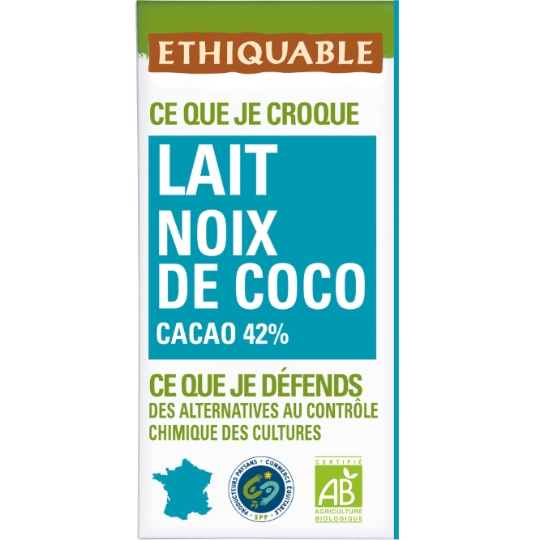 Tablette de Chocolat Lait Noix De Coco Bio ETHIQUABLE