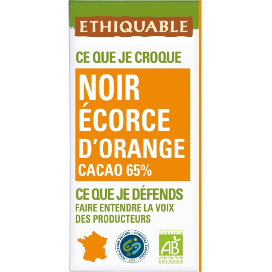 Tablette de Chocolat Noir 65% Ecorces d'Oranges Bio ETHIQUABLE