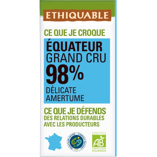 Tablette de Chocolat Noir 98% Bio ETHIQUABLE
