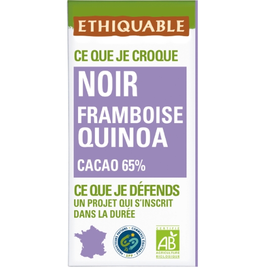 Tablette de Chocolat Noir 65% Framboise Quinoa Bio ETHIQUABLE