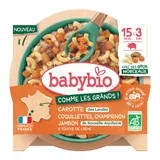 Plat cuisiné pour bébé de 15 mois à 3 ans carotte des Landres coquillettes champignon jambon de Nouvelle-Aqui Bio BABYBIO