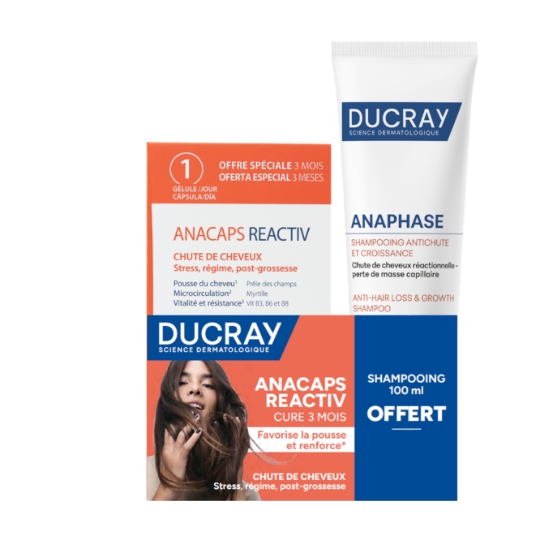 Complément Alimentaire Anacaps Reactiv Chute de Cheveux + Shampooing Anaphase Antichute et Croissance Offert DUCRAY