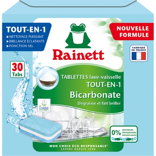 Tablettes Lave-vaisselle Tout en 1 Dégraissant Bicarbonate Ecolabel RAINETT
