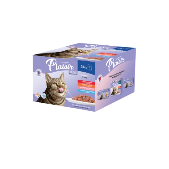 Pâtée pour Chat Adulte Stérilisé Emincés en Sauce Boeuf Dinde Poulet Foie Saumon Cabillaud Truite Crevettes LES REPAS PLAISIR