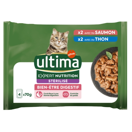 Pâtée pour Chat Adulte Stérilisé Thon Saumon Bien Etre Digestif ULTIMA