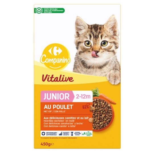 Croquettes pour Chat Junior Poulet Carottes et Lait Vitalive CARREFOUR
