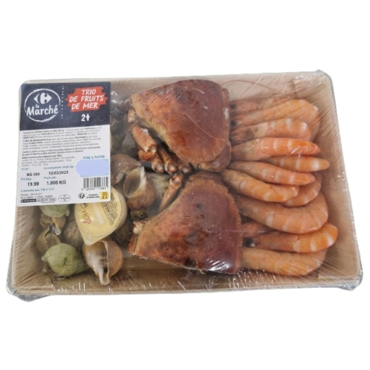 Trio de Fruits de Mer : Pinces de Tourteaux Crevettes et Bulots CARREFOUR LE MARCHE