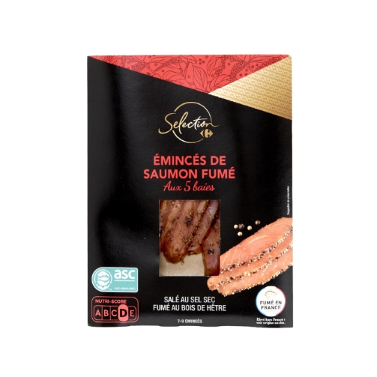 Émincés de saumon fumé aux 5 baies,fumé au bois de hêtre et ASC CARREFOUR CARREFOUR
