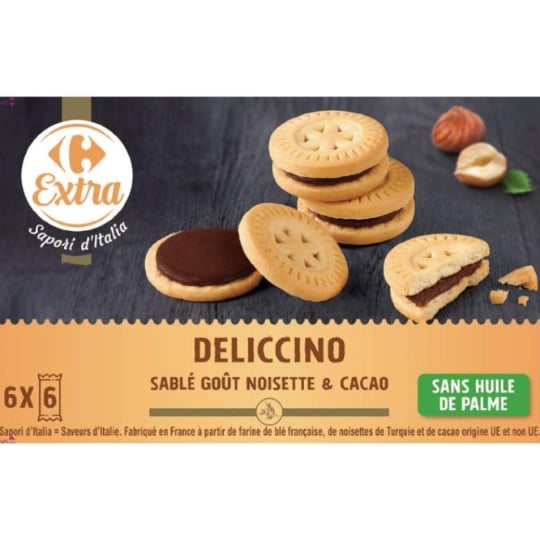 Biscuits Sablés Fourrés Noisette et Cacao Deliccino CARREFOUR EXTRA