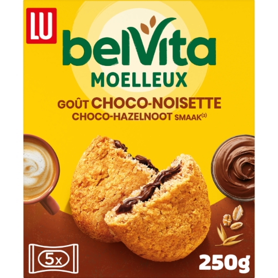 Biscuits petit déjeuner moelleux goût choco noisette Belvita LU