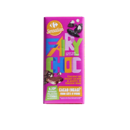 Tablette de Chocolat Lait Biscuit Cacaoté Pépites de Chocolat Blanc CARREFOUR SENSATION