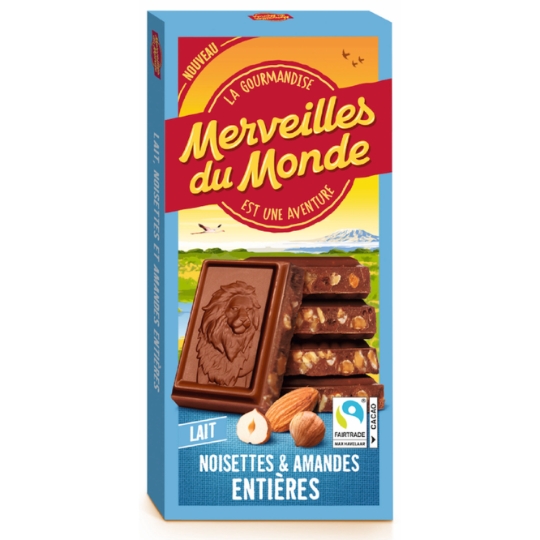 Tablette de Chocolat Lait Noisettes Amandes Entières MERVEILLES DU MONDE