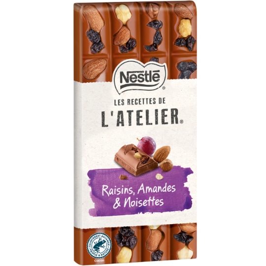 Tablette de Chocolat Lait Les Recettes de l'Atelier Raisins Amandes et Noisettes NESTLE