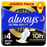 Serviettes Hygiéniques avec Ailettes Nuit Taille 4 Ultra Secure Night Extra ALWAYS