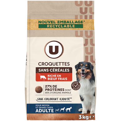 Croquettes sans céréales riche en boeuf frais pour chien U 3kg