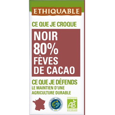 ETHIQUABLE - Chocolat noir 80% fèves de cacao BIO - la tablette de 100g