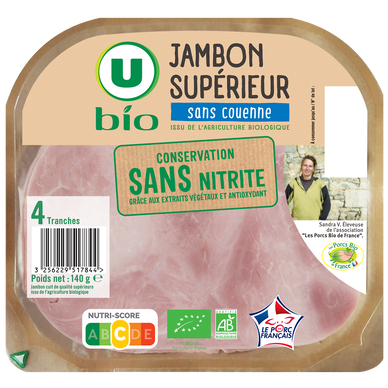 Jambon Supérieur sans couenne Conservation Sans Nitrite - x4 tranches,140g
