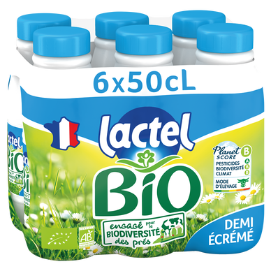 Lait Bio demi écrémé UHT - LACTEL - Bouteille 6x50cl