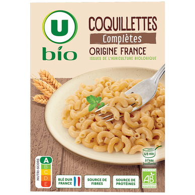 Pâtes Coquillettes complètes origine France U BIO, 500g