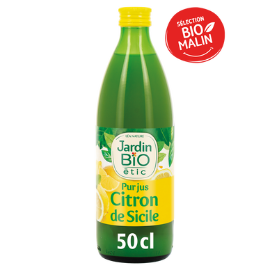 Pur jus de citron Bio origine Sicile JARDIN BIO, bouteille de 50cl
