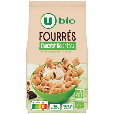 Céréales fourrées chocolat noisettes bio, sachet 375g