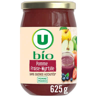 Purée pomme fraise myrtille s/sucres ajoutés, bocal 625g