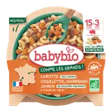 Assiette coquillettes chanmpignon jambon de Nouvelle Aquitaine carottedes Landes bio dés 15 mois BABYBIO 200g