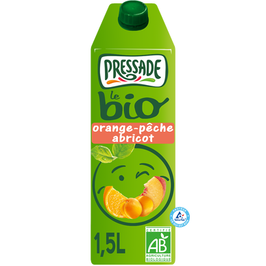 Nectar bio d'orange, pêche et abricot PRESSADE, brique de 1,5 litre