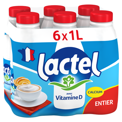 Lait entier Vitamine D LACTEL - Bouteille 6x1L