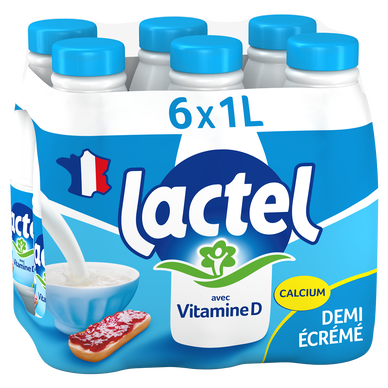 Lait demi-écrémé Vitamine D LACTEL - Bouteille 6x1L